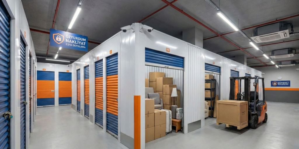 Özyurdum Nakliyat Ankara'daki modern, güvenli ve kameralı eşya depolama tesisinin iç görünümü ve mavi turuncu depo üniteleri.